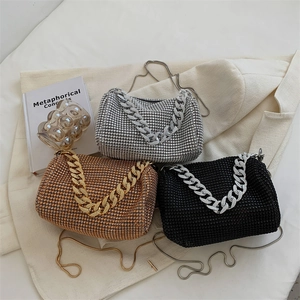 Sparkling rhinestone moon shoulder bag with thick metal chain in silver gold and black