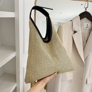 Women Fashion Straw Woven Shoulder Bag Triangle Large Capacity Tote Casual Beach Vacation Handbag With Leather Handle