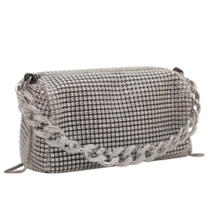 Elegant silver rectangle clutch with shimmering rhinestones and chunky crystal chain strap