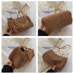 Detailed views of luxury gold rhinestone evening bag with chain straps from multiple angles