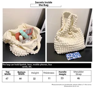 Detailed size chart for ruched cloud tote bag with dimensions in centimeters and handles