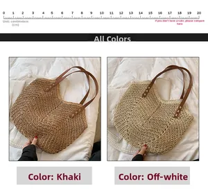 Detail of khaki and beige straw bags with brown leather handles and reinforced stitching