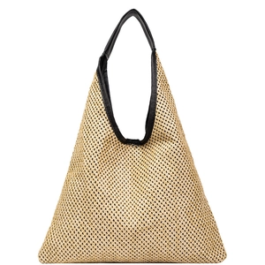 Minimalist geometric woven straw beach bag with black leather handle and large capacity