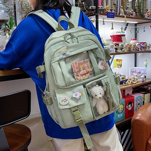 Japanese style light green nylon backpack for students with cute plush bear and multi-pockets