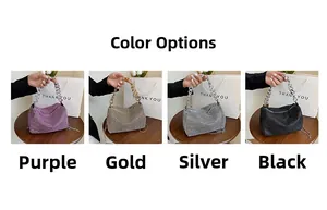 Detail showcasing shiny rhinestone mini handbags in purple, gold, silver, and black colors
