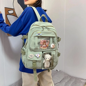 Sage green Japanese style large capacity backpack with cute patches for students