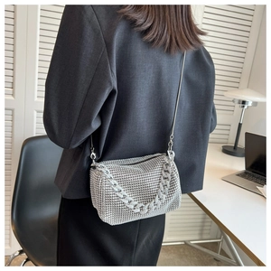 Silver rhinestone handbag with metal chain strap shown worn by a model in a modern room