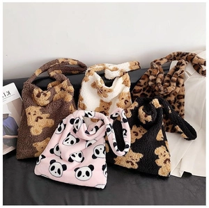 Women's Large Capacity Plush Tote Bag Cute Bear Cow Zebra Print Shoulder Bag Autumn Winter Soft Handbag Daily Travel Bag