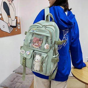 Mint green large capacity canvas backpack with cute bear pendant and aesthetic badges