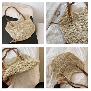 Detail shots of straw tote bag with brown leather straps and intricate woven texture