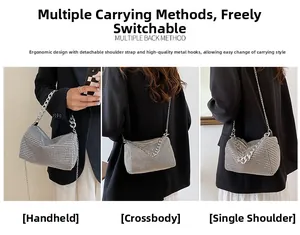 Three-way view of silver rhinestone bucket bag showing crossbody and handheld styling
