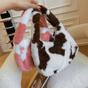 Women Plush Faux Fur Shoulder Bag Vintage Cow Print Floral Pattern Underarm Hobo Bag Soft Fuzzy Handbag For Autumn Winter