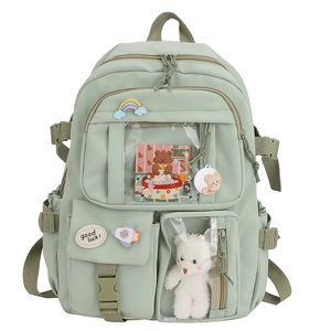Japanese style large capacity sage green nylon backpack with cute bear accessories