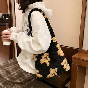 Large fuzzy teddy bear fleece tote bag with warm shearling texture for women