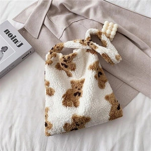Large fluffy white faux fur tote bag with brown bear print for women winter style