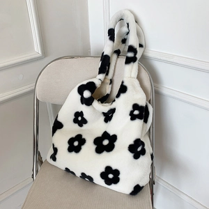 Women Autumn Winter Plush Tote Bag Cute Flower Printed Faux Fur Shoulder Bag Soft Handbag Casual Fashion Large Capacity Bag