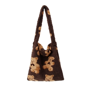 Brown fluffy teddy tote bag with all-over cartoon bear pattern for women