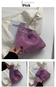 Detailed views of a pink rhinestone handbag with a unique knotted handle design