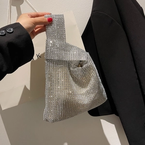 Sparkling silver rhinestone evening handbag with asymmetrical crystal handles for women