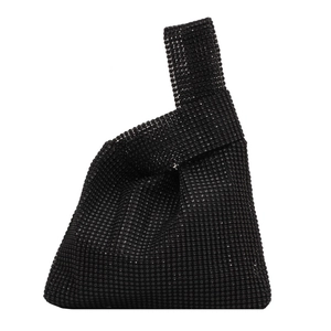 Elegant black rhinestone evening handbag with a unique twisted top handle design