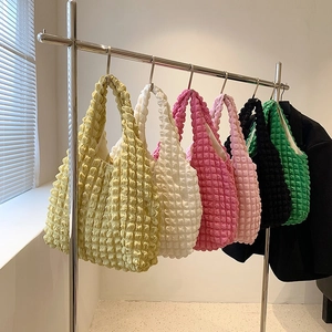 Popcorn texture pleated tote bags in six vibrant colors with a minimalist Korean design