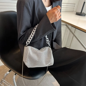 Sparkling silver rhinestone handbag for women featuring a thick metal chain handle
