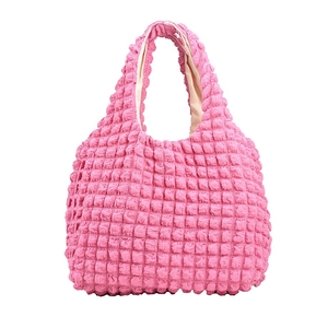 Pink popcorn texture ruffles shoulder bag for women with minimalist white background