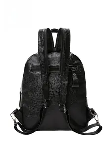 Back view of black faux leather backpack showing adjustable straps and anti-theft zipper pocket