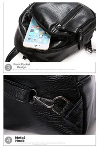 Detail of black washed leather backpack front pocket for phone and metal hardware hooks