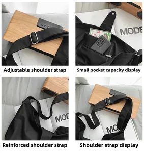 Detail of black canvas tote showing adjustable strap and secure zip side pocket