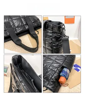 Detailed views of black quilted tote bag features like side pocket, zipper, and strap