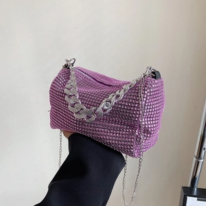 Luxury Women Rhinestone Handbag Shiny PU Leather Chain Shoulder Bag Trendy Mini Pillow Crossbody Bag For Party Wedding Banquet
