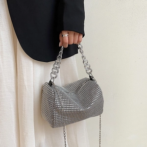 Sparkling silver rhinestone handbag with chunky metal chain and long shoulder strap