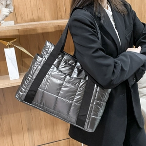 Chic silver quilted tote bag with large capacity for women stylish padded puffer shoulder bag