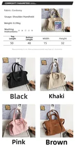 Detailed size chart and multi-color comparison of the corduroy tote bag for daily use