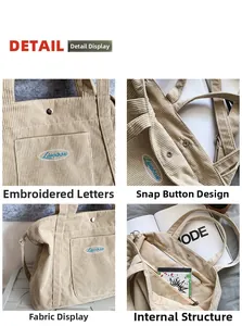 Detailed close-up of khaki corduroy tote bag showing embroidery and button closure