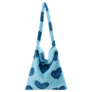 Minimalist light blue plush tote bag with navy heart pattern and striped shoulder strap