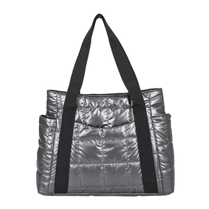 Chic silver quilted tote bag with black strap handles and spacious interior pockets