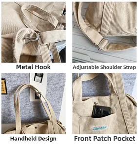 Detail view of beige corduroy bag featuring adjustable metal buckles and embroidered pocket
