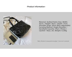 Detailed size chart for black quilted puffer tote bag with 42cm width and 30cm height
