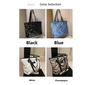 Quilted nylon tote bags shown in black, blue, white, and champagne with square logos