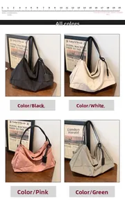 Detail view of large shoulder tote bags in four colors with stylish pleated design