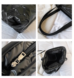 Detailed views of a black quilted tote bag featuring silver zipper and spacious interior