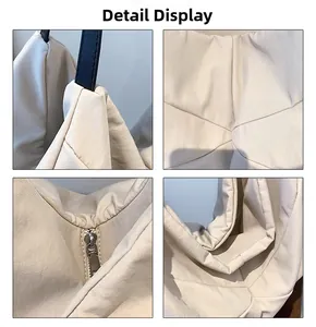Detailed views of beige fabric shoulder bag with pleated texture and black leather strap