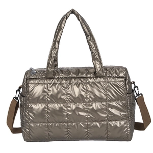 Quilted metallic bronze tote bag with puffy nylon finish and crossbody strap for winter