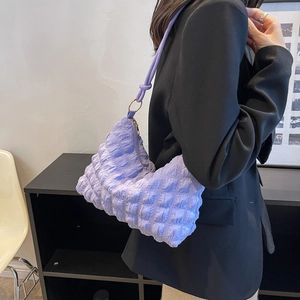 Fashionable purple pleated bubble shoulder bag with a textured grid pattern for women