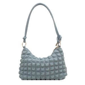Morandi blue bubble textured hobo bag with pleated fabric design and gold hardware