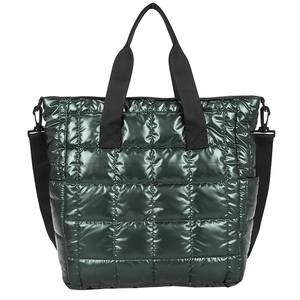 Chic dark green metallic quilted tote bag with broad woven handles and long strap