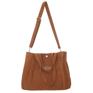 Brown corduroy large capacity tote bag with adjustable strap and Twobox logo embroidery