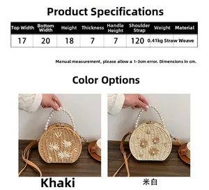 Détail du sac à main en paille tressée avec anse en perles et motifs floraux